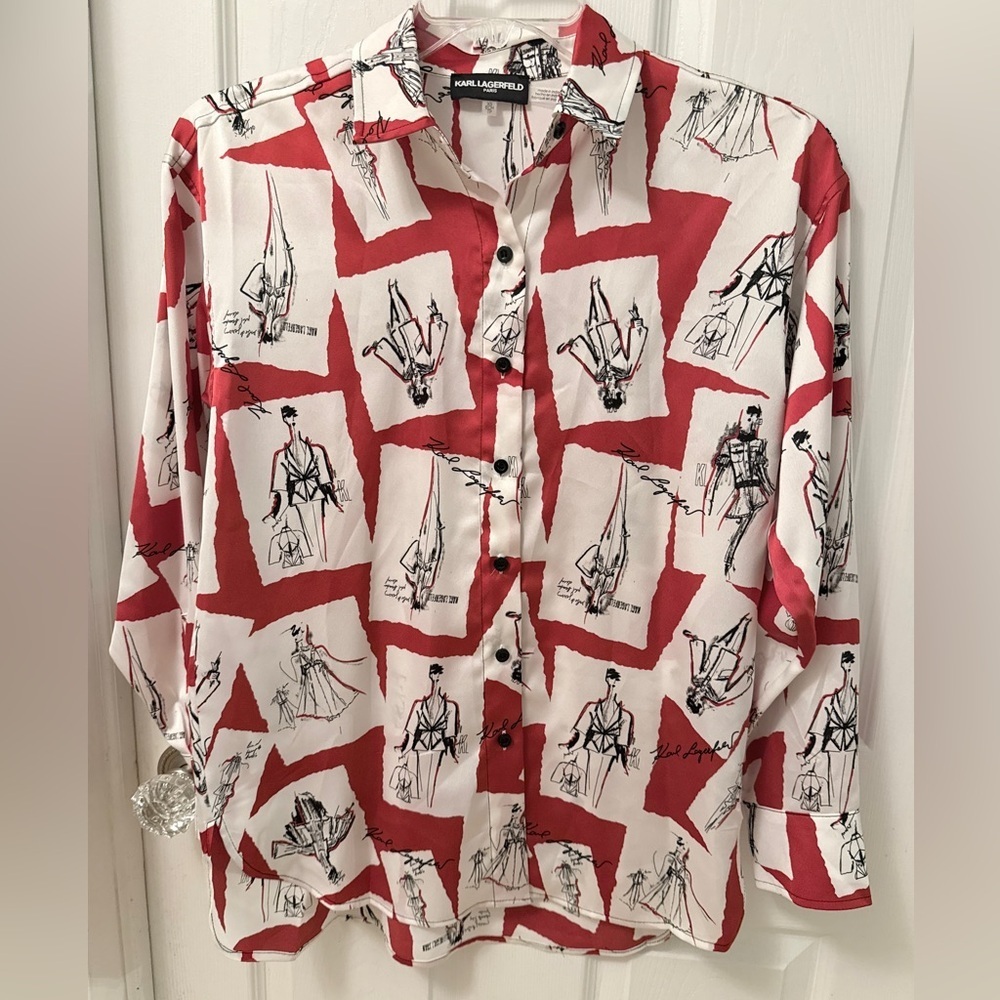 Karl Lagerfeld Paris - Long Sleeve Button Front Red White Logo NWOT Sz XS FG - Picture 3 of 11